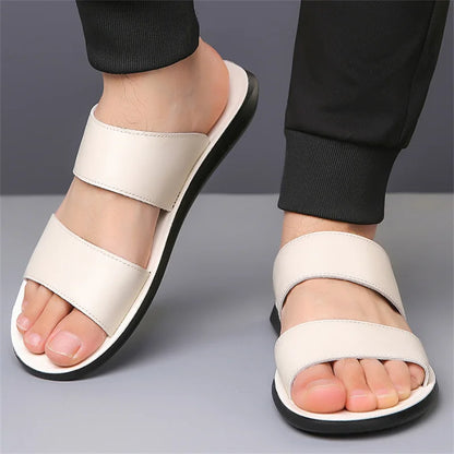 Men's Luxury Leather - Non-Slip Beach Sandals & Flat Casual Slides (Large Size 48) - Shello's Creative Boutique
