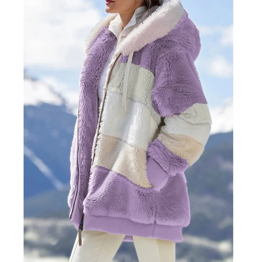 Women's Winter Hooded Coat 2026 - Thick Cashmere Plaid Stitched Jacket with Zipper - Shello's Creative Boutique