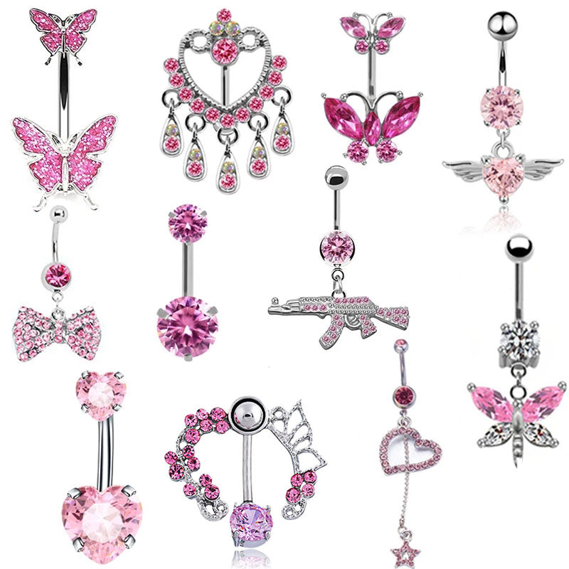 Pink Stainless Steel Belly Button Ring – Animal & Butterfly Styles