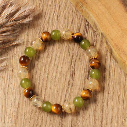 Tiger Eye, Citrine & Green Jade Natural Stone Beaded Bracelet with Gold Spacers