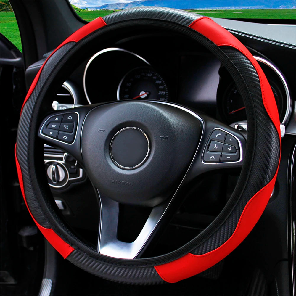 PU Carbon Fiber Leather Car Steering Wheel Cover - 14.5-15 Inches