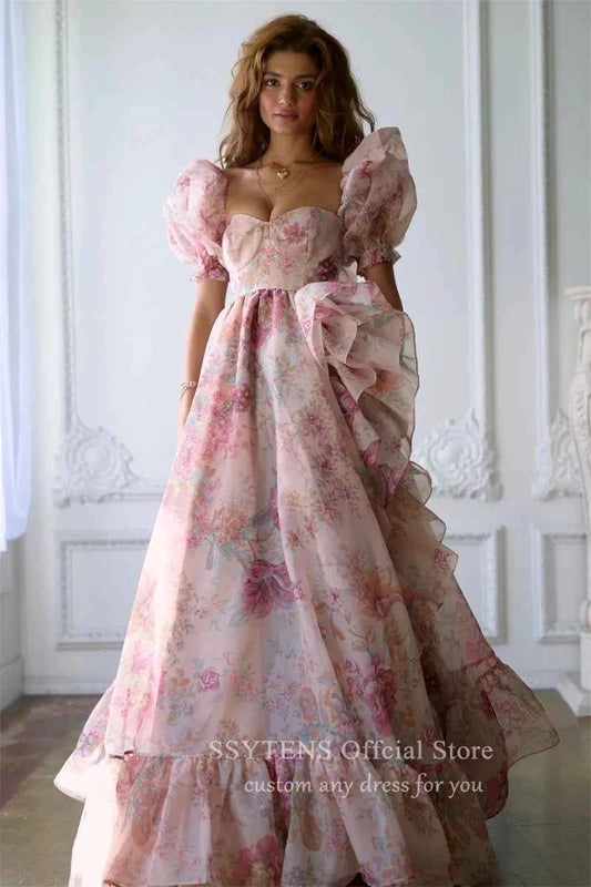Chic Print Formal Party Dresses Puff Sleeves Ruffle Tulle Junior Pageant Senior Prom Gowns Gala Evening Event Customized Dress