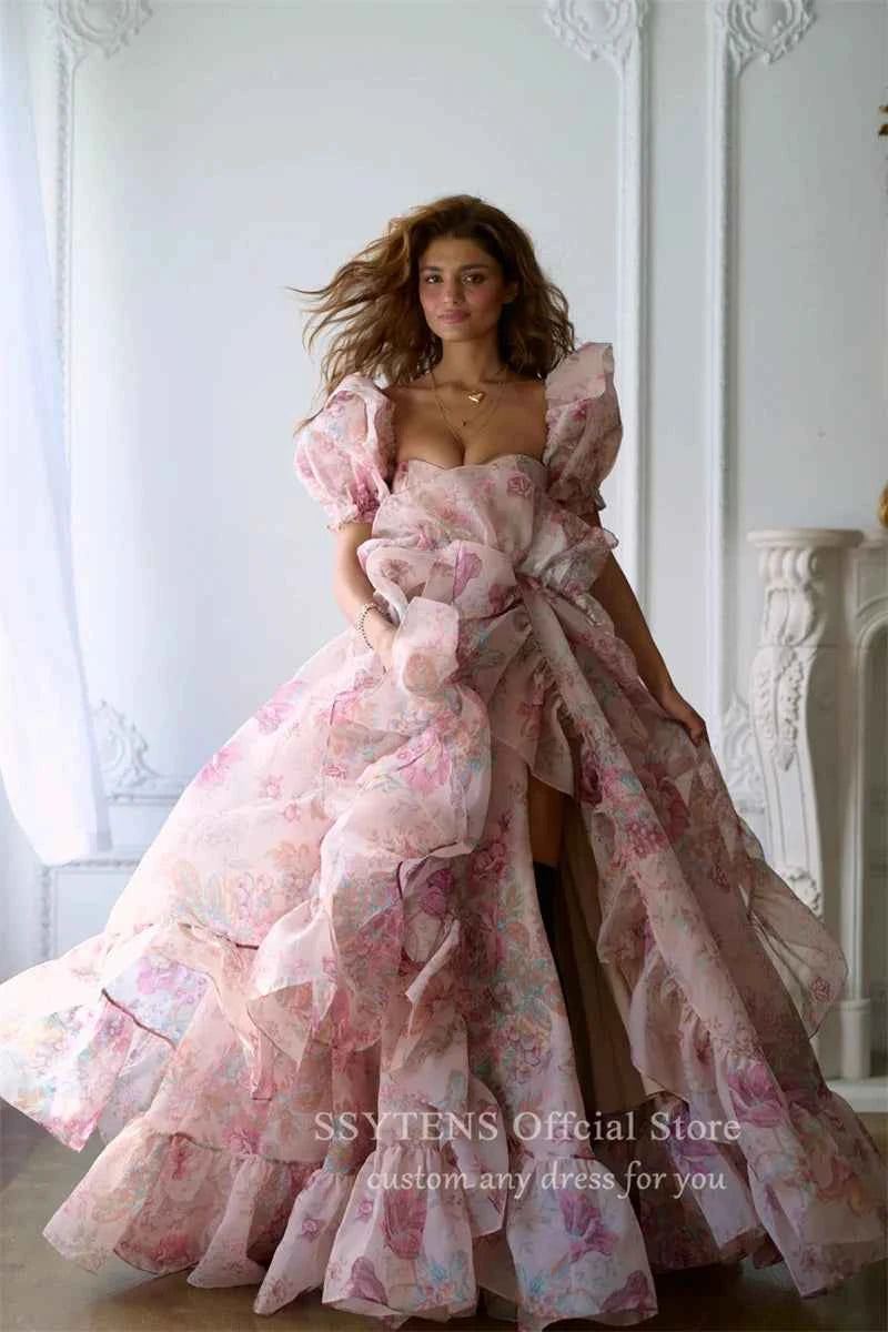 Chic Print Formal Party Dresses Puff Sleeves Ruffle Tulle Junior Pageant Senior Prom Gowns Gala Evening Event Customized Dress