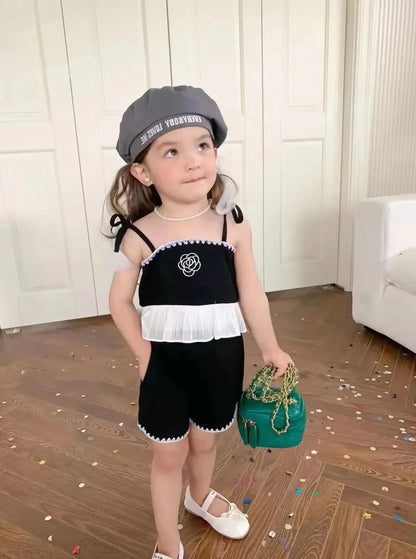 Angela Wonder Girls’ Summer Suspender + Shorts Set – Sleeveless Cotton 2-Piece Outfit - Shello's Creative Boutique