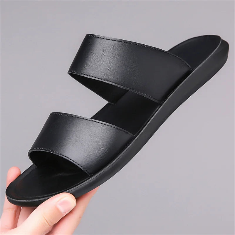 Men's Luxury Leather - Non-Slip Beach Sandals & Flat Casual Slides (Large Size 48) - Shello's Creative Boutique