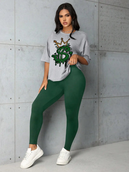 SIM WANG Crown Letter Print Y2K Pants Set – Summer Graphic T-Shirt & Skinny Pencil Pants 2-Piece Casual Outfit for Women