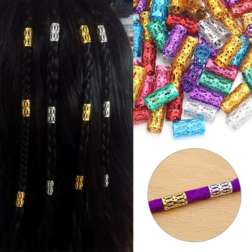 100Pcs/lot Dreadlock Hair Rings Metal Hollow Tube Dirty Dread Braids Adjustable for Cuffs Clip Hair Accessories Styling Tools - Shello's Creative Boutique