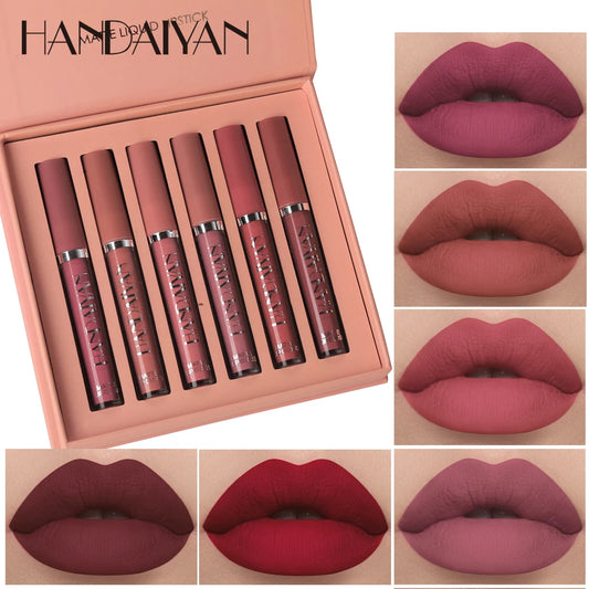 HANDAIYAN 6-Piece Liquid Lipstick Set - Long-Lasting Matte Lip Gloss Gift Box