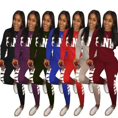 Women's letter-print set shown in multiple colors: long-sleeve top and jogger pants