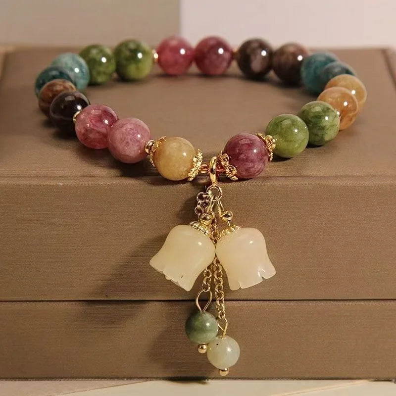 Colourful Tourmaline Crystal Beaded Bracelet with Orchid Pendant – Unisex Gift