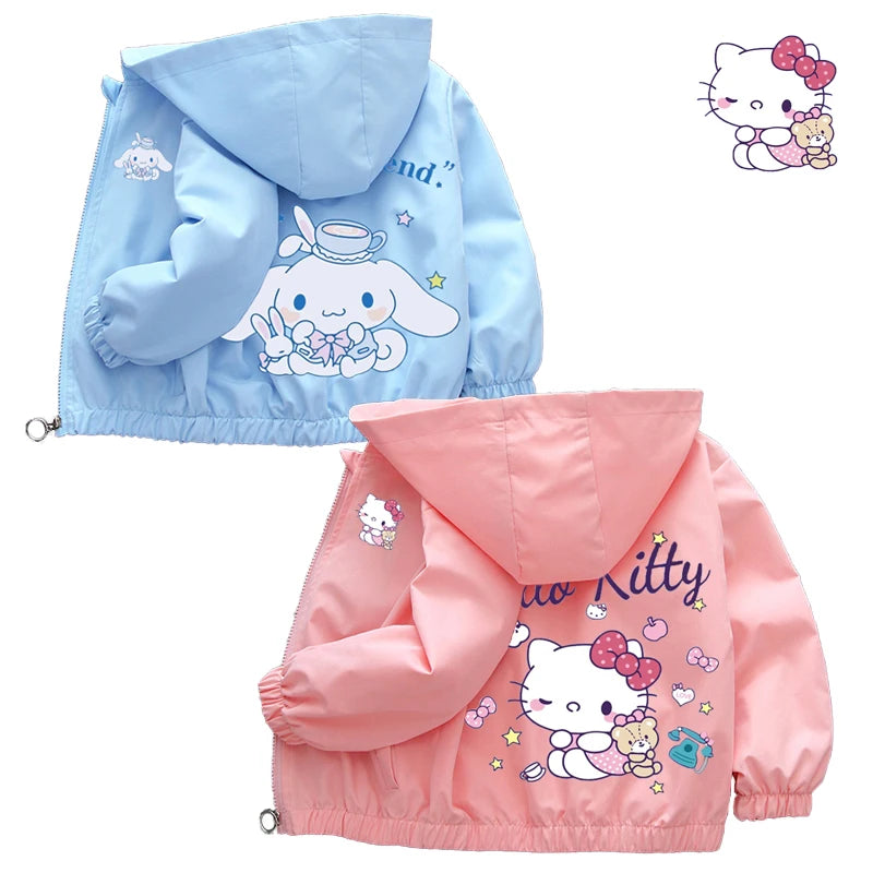 MINISO x Sanrio Girls’ Windbreaker Jacket – Hello Kitty & Cinnamoroll Cartoon Hooded Zip-Up Outerwear Shello's Creative Boutique