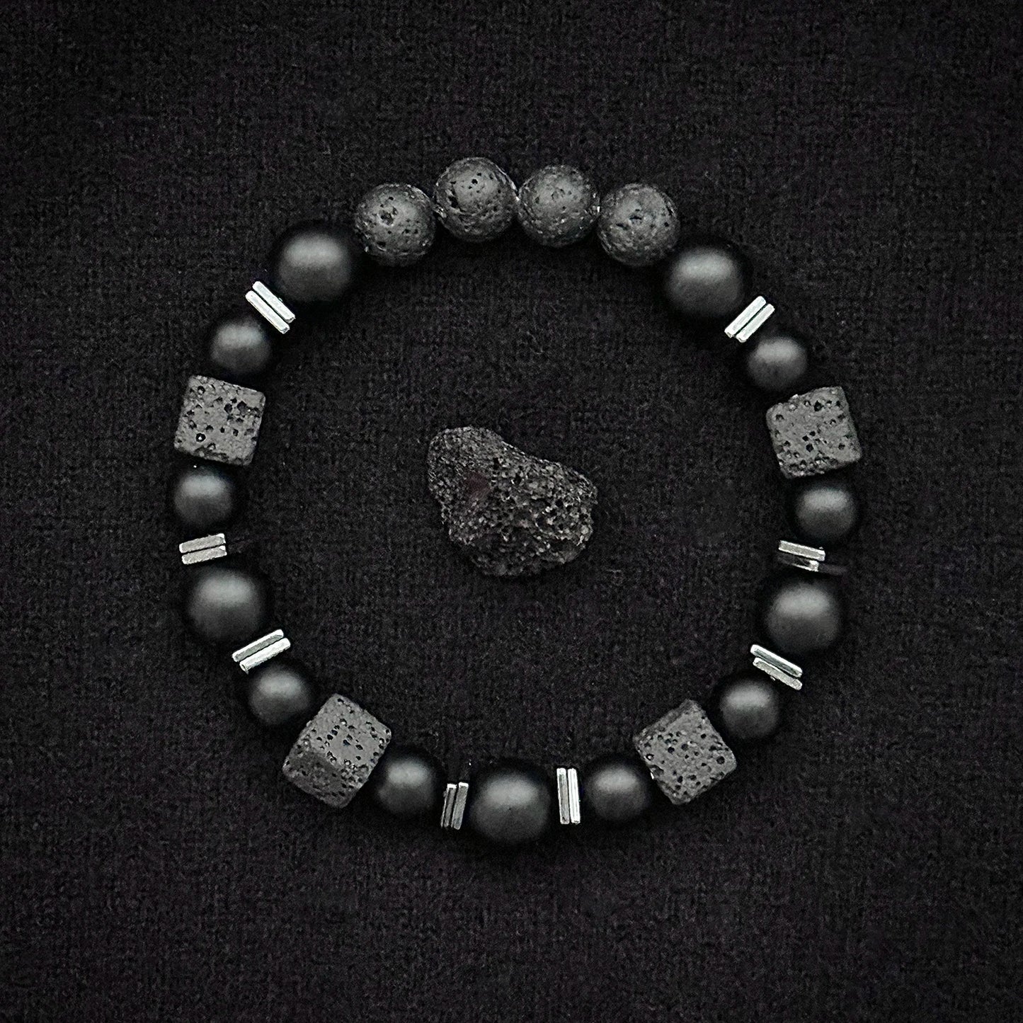 Natural Matte Black Onyx & Cube Lava Bead Bracelet – Men's Vintage Stone Jewellery