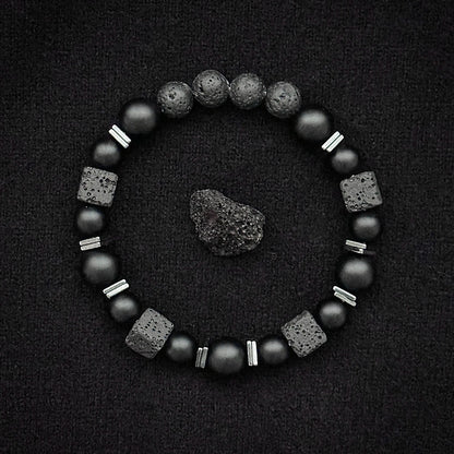 Natural Matte Black Onyx & Cube Lava Bead Bracelet – Men's Vintage Stone Jewellery