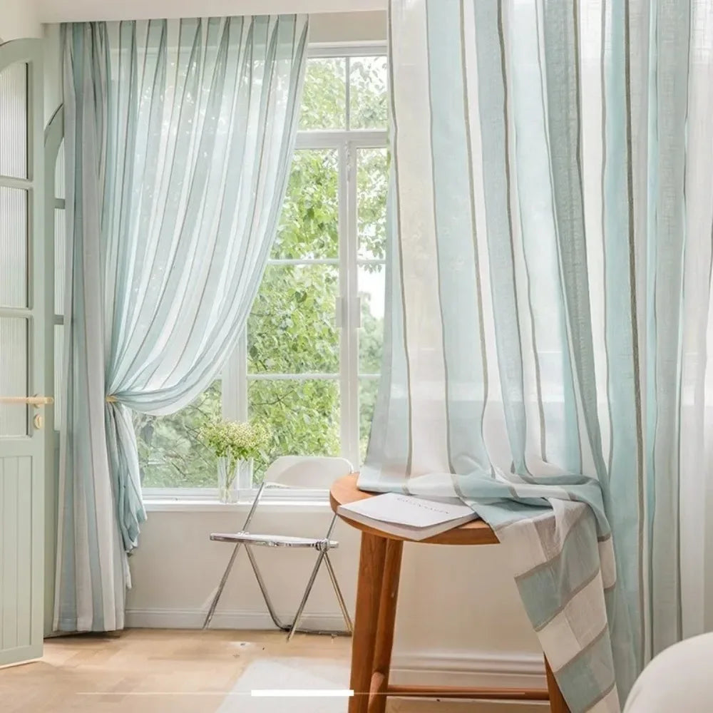 Nordic Minimalist Curtains - Blue & White Cotton Linen Window Screens - Shello's Creative Boutique