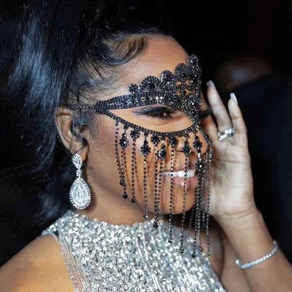 Hollow Black Masquerade Eye Mask Full Face Jewelry Prom Sexy Tassel Veil Crystal Mask Rhinestone Cosplay Nightclub Accessories