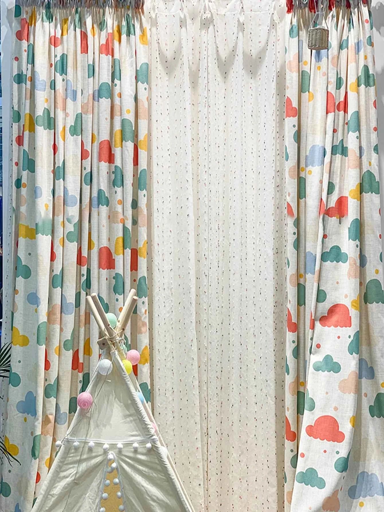 New cartoon children's room curtains color clouds cute environmental protection cotton linen boy room girl room bedroom landing