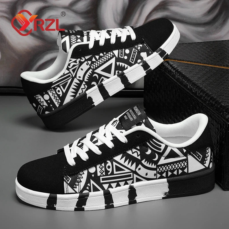 YRZL Men's Sports Running Shoes Canvas Geometric Style Lace-Up Sneakers Couples' Fashionable Graffiti Print Skate Shoes Men Shello's Creative Boutique