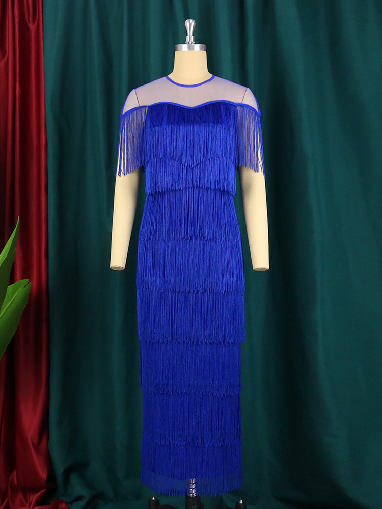 Plus Size Tassel Bodycon Dress - Mesh Patchwork Evening Gown - Shello's Creative Boutique
