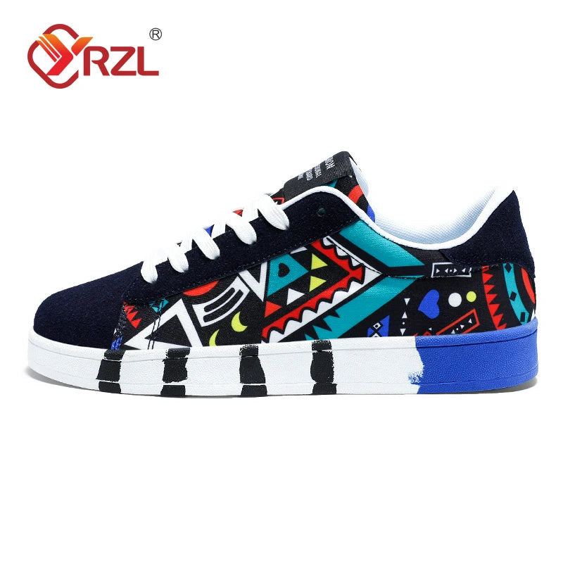 YRZL Men's Sports Running Shoes Canvas Geometric Style Lace-Up Sneakers Couples' Fashionable Graffiti Print Skate Shoes Men Shello's Creative Boutique