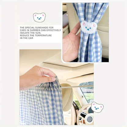 A Set of Car Interior Partition Curtains - Checkered Car Partition Curtains, Sunshade Car Curtains, Cute Bear Design Retractable