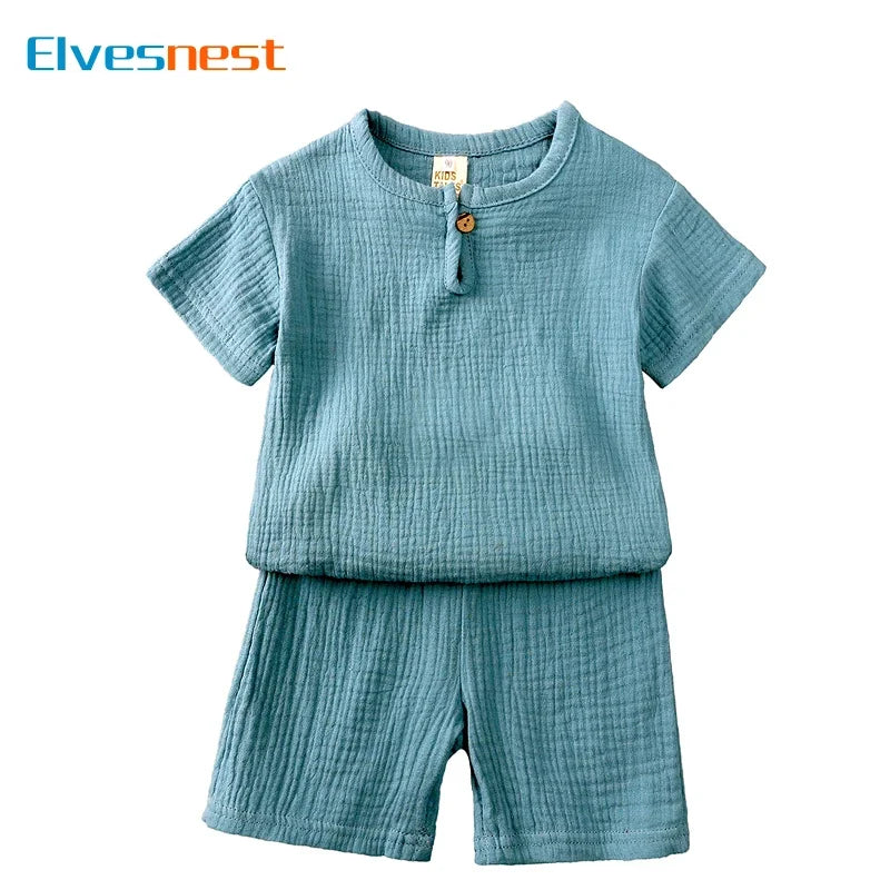 ELVESNEST Cotton-Linen Hooded Summer Set – Unisex Short Sleeve Top & Shorts Outfit for Kids Ages 2–7 Shello's Creative Boutique