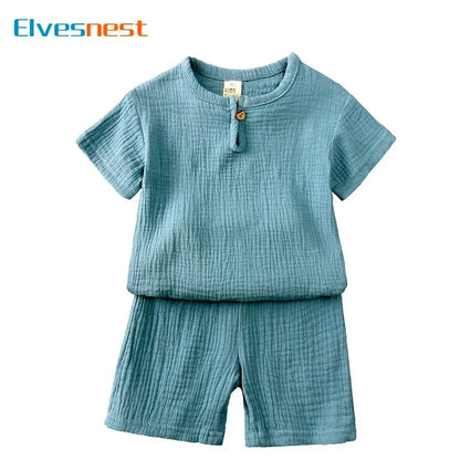 ELVESNEST Cotton-Linen Hooded Summer Set – Unisex Short Sleeve Top & Shorts Outfit for Kids Ages 2–7 - Shello's Creative Boutique