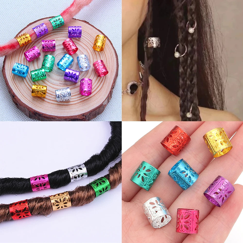 100Pcs/lot Dreadlock Hair Rings Metal Hollow Tube Dirty Dread Braids Adjustable for Cuffs Clip Hair Accessories Styling Tools - Shello's Creative Boutique