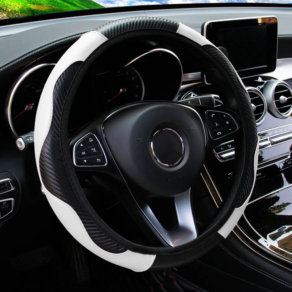 PU Carbon Fiber Leather Car Steering Wheel Cover - 14.5-15 Inches