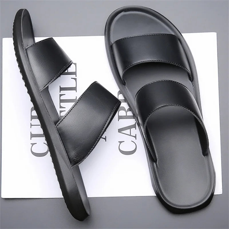 Men's Luxury Leather - Non-Slip Beach Sandals & Flat Casual Slides (Large Size 48) - Shello's Creative Boutique