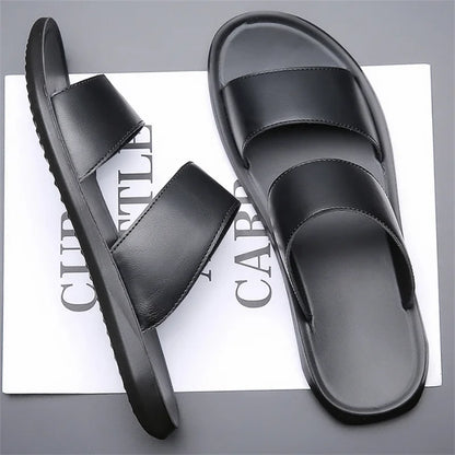 Men's Luxury Leather - Non-Slip Beach Sandals & Flat Casual Slides (Large Size 48) - Shello's Creative Boutique