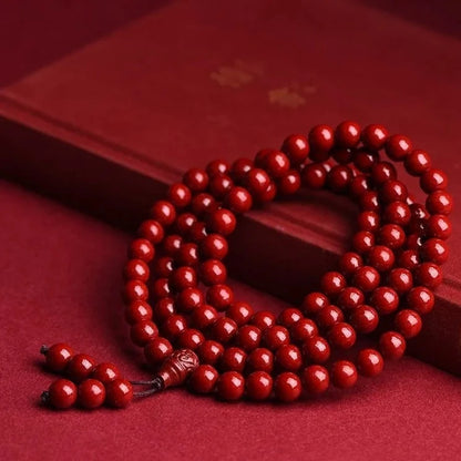 Natural Cinnabar & Red Sandalwood 108 Bead Buddhist Rosary – Lucky Prayer Bracelet