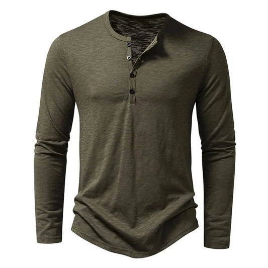 Men's Cotton Henley Neck T-Shirt - Long Sleeve Casual Shirt