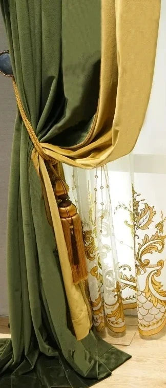 Luxury European Olive Green Velvet Embroidered Curtains - Custom Premium Drapes