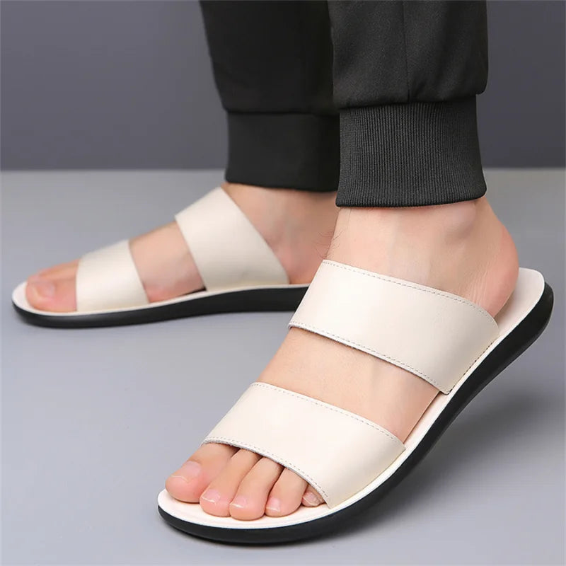 Men's Luxury Leather - Non-Slip Beach Sandals & Flat Casual Slides (Large Size 48) - Shello's Creative Boutique