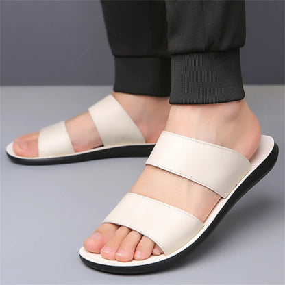 Men's Luxury Leather - Non-Slip Beach Sandals & Flat Casual Slides (Large Size 48) - Shello's Creative Boutique