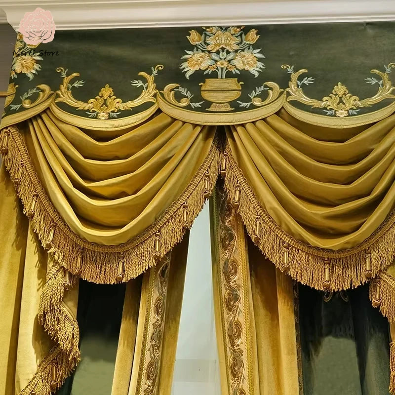 Luxury European Olive Green Velvet Embroidered Curtains - Custom Premium Drapes