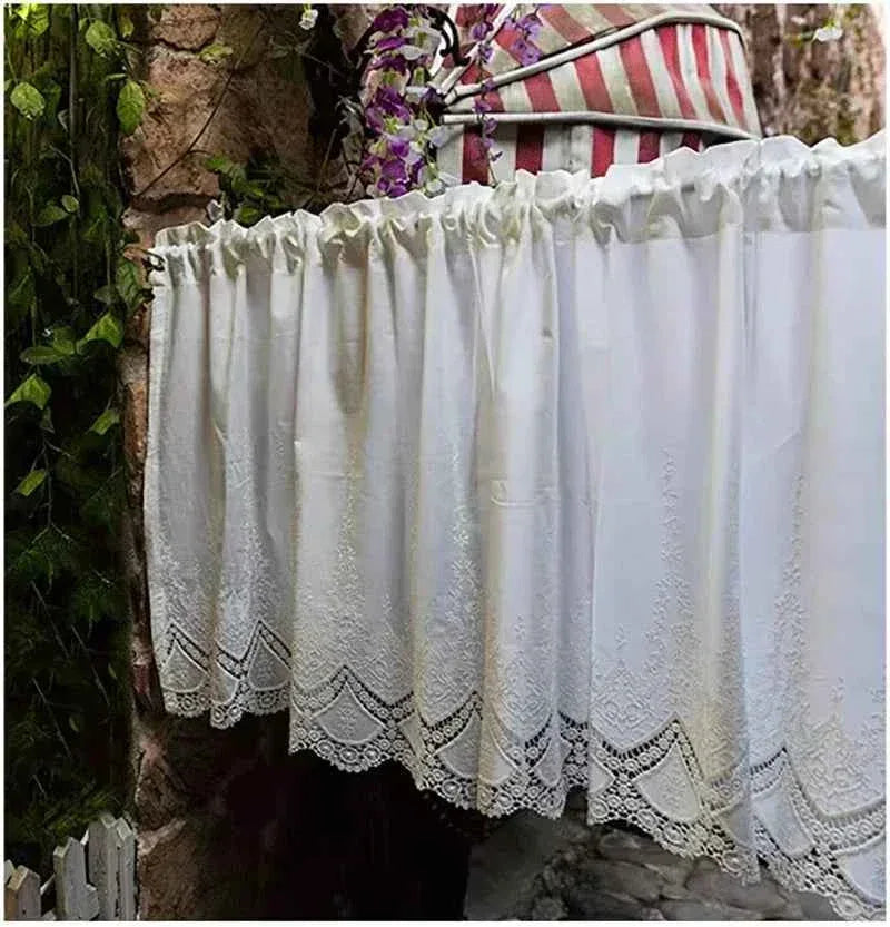 Cotton Lace Café Curtains - Hollow Flower Embroidery Half Curtains for Kitchen - Shello's Creative Boutique