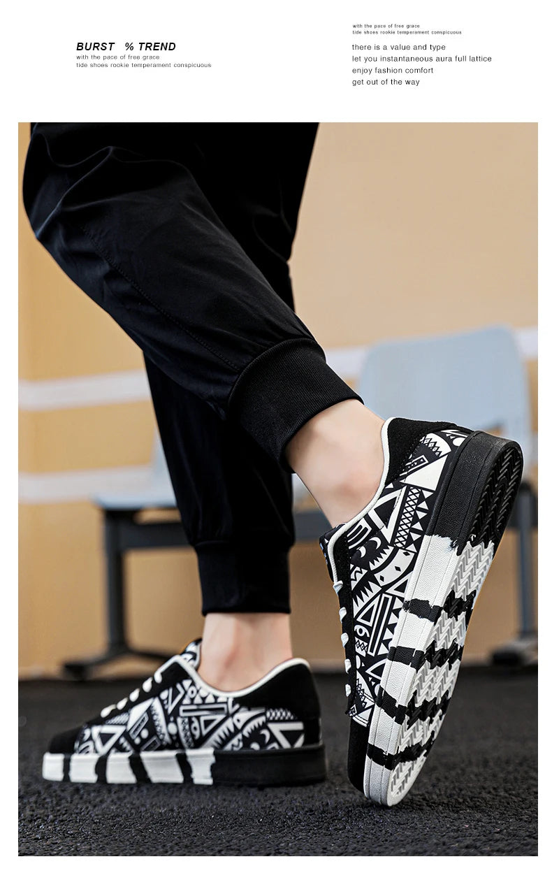 YRZL Men's Sports Running Shoes Canvas Geometric Style Lace-Up Sneakers Couples' Fashionable Graffiti Print Skate Shoes Men Shello's Creative Boutique