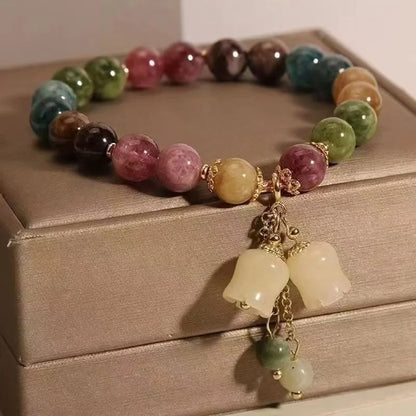 Colourful Tourmaline Crystal Beaded Bracelet with Orchid Pendant – Unisex Gift