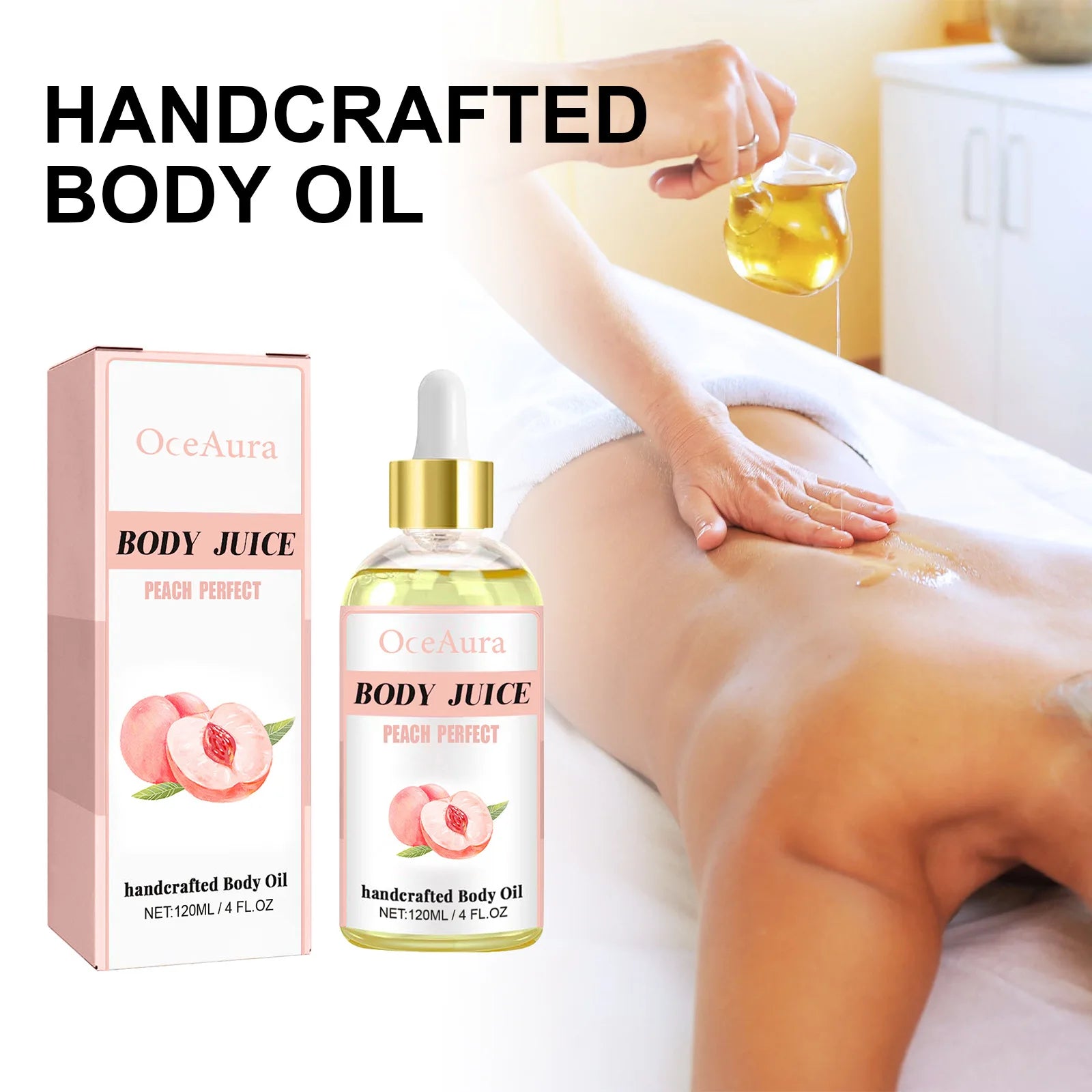 OceAura Peach Body Oil – 4 Oz Moisturizing & Tightening Massage Elixir - Shello's Creative Boutique