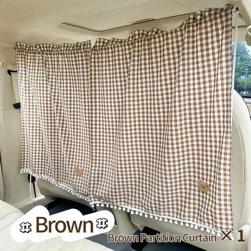 A Set of Car Interior Partition Curtains - Checkered Car Partition Curtains, Sunshade Car Curtains, Cute Bear Design Retractable