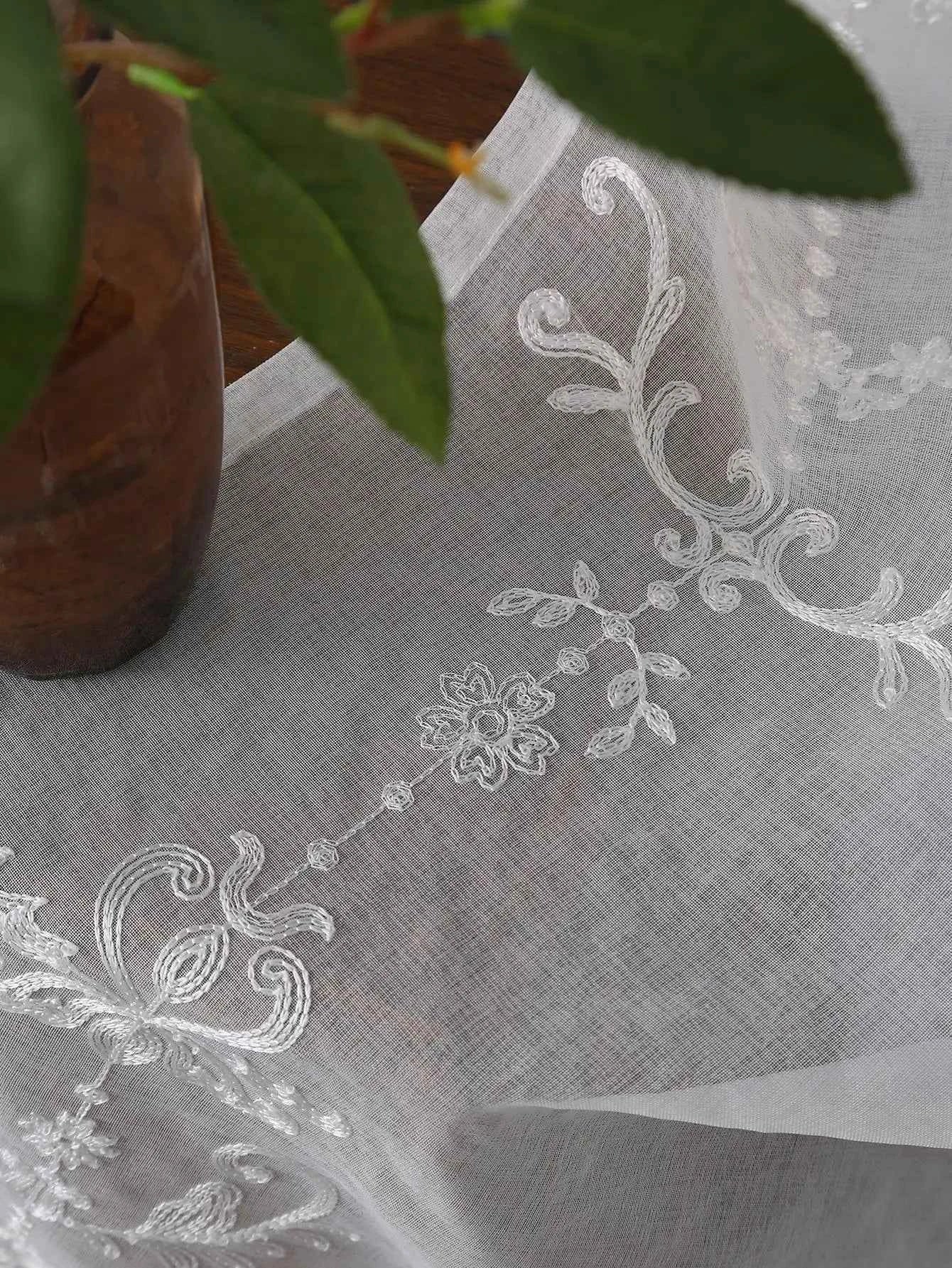White Embroidered Floral Sheer Curtains - Elegant Voile Drapes for Living Room & Bedroom