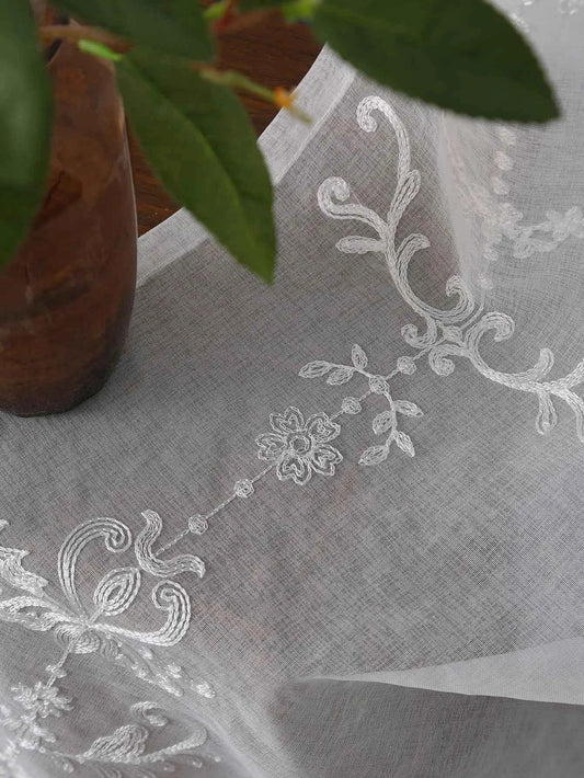 White Embroidered Floral Sheer Curtains - Elegant Voile Drapes for Living Room & Bedroom
