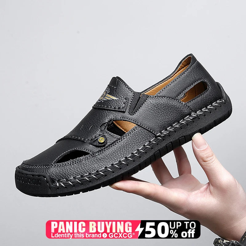 Men's Genuine Leather Beach Sandals - Breathable Hollow-Out Non-Slip Casual Slides