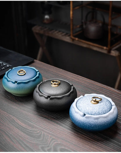 Creative Ceramic Ashtray with Lid – Anti-Fly Ash Desktop Ornament, 18 Styles