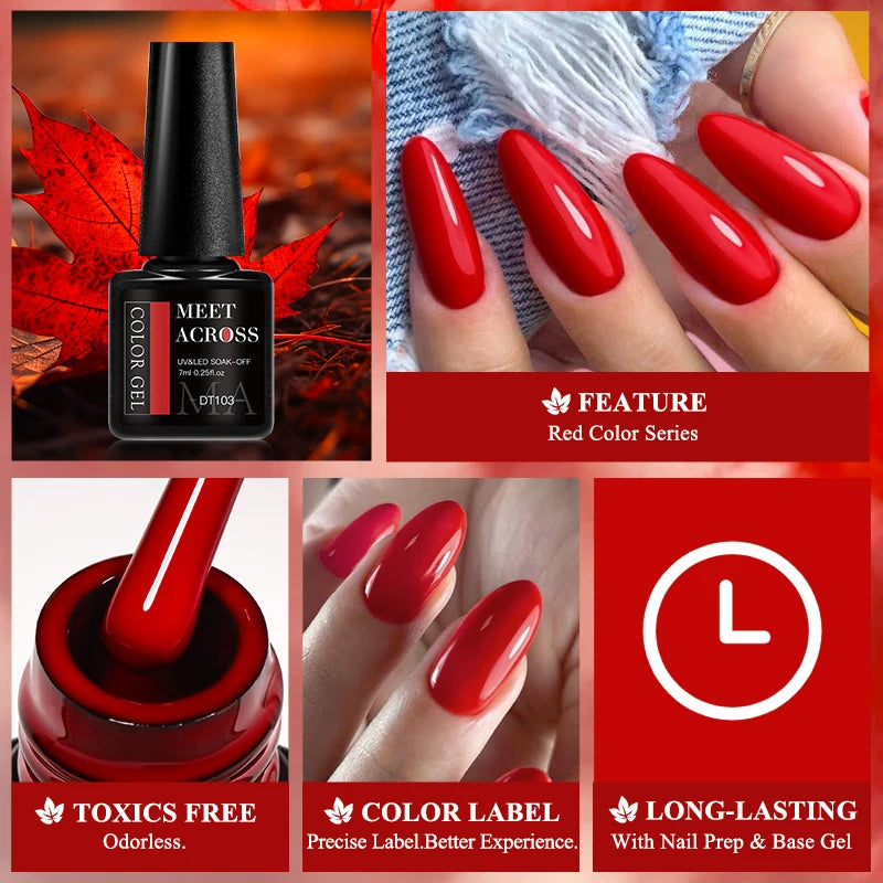 MEET ACROSS 7ml Red Gel Nail Polish Crystal Semi Permanent Soak Off UV Gel Varnish Nail Art Manicure Base Matte Top Coat Vernis - Shello's Creative Boutique