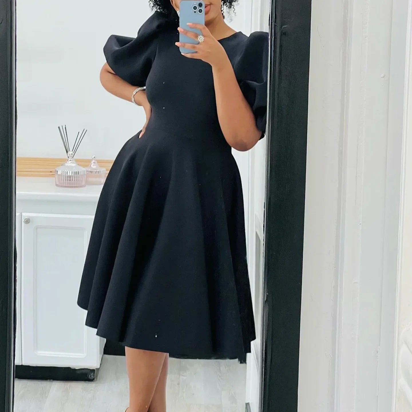 Elegant Pleated A-Line Dress - High Waist Mid-Calf Dress - Shello's Creative Boutique
