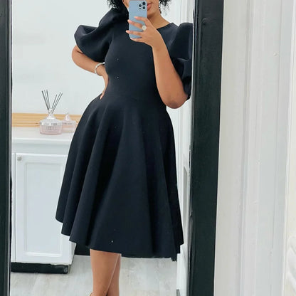 Elegant Pleated A-Line Dress - High Waist Mid-Calf Dress - Shello's Creative Boutique