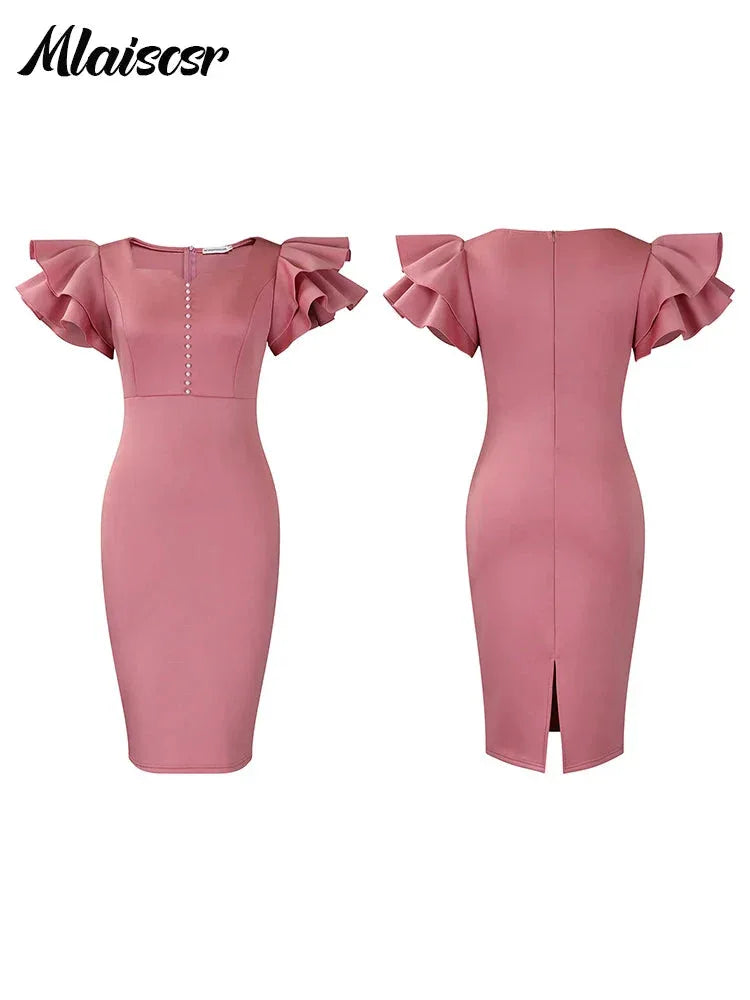 Elegant Square Neck Dress - Ruffled Beaded Mid-Length Evening Dress - Shello's Creative Boutique