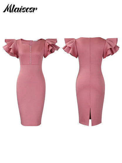 Elegant Square Neck Dress - Ruffled Beaded Mid-Length Evening Dress - Shello's Creative Boutique